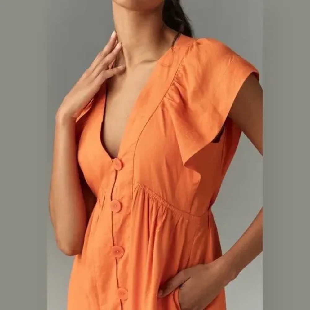 by Anthropologie Renee Dress XS Midi Orange Linen Flutter Sleeve - Picture 3 of 9